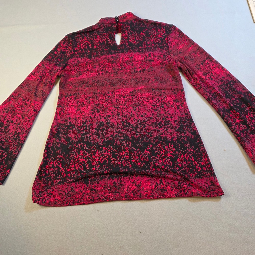 Cato Red Black Floral Damask Keyhole Mock Neck Long Sleeve Top Small - Picture 7 of 10